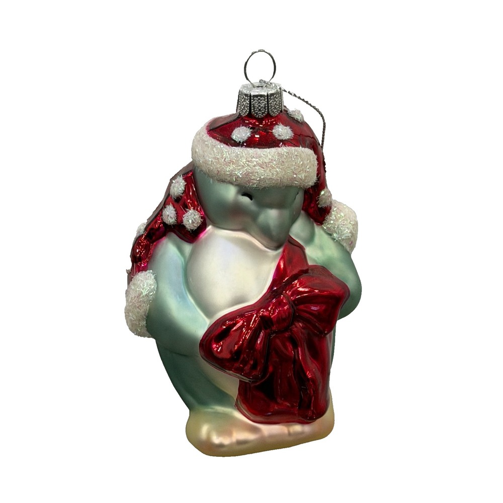 Penguin Blown Glass Ornament Mother Bow 5" Hat Scarf